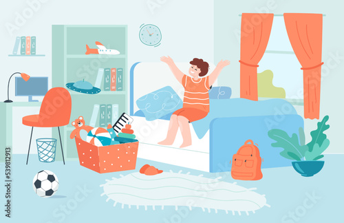Happy boy stretching in bedroom after waking up. Smiling little kid sitting on bed, getting ready for new day on weekend flat vector illustration Morning routine concept