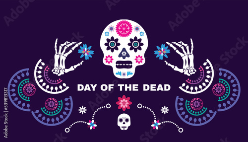 Dia de Los Muertos, Day of the Dead or Halloween greeting card,  banner, background. Sugar skulls, candle, maracas, guitar, sombrero,  marigold flowers, Сalavera la Catrina tradition skeleton decorati