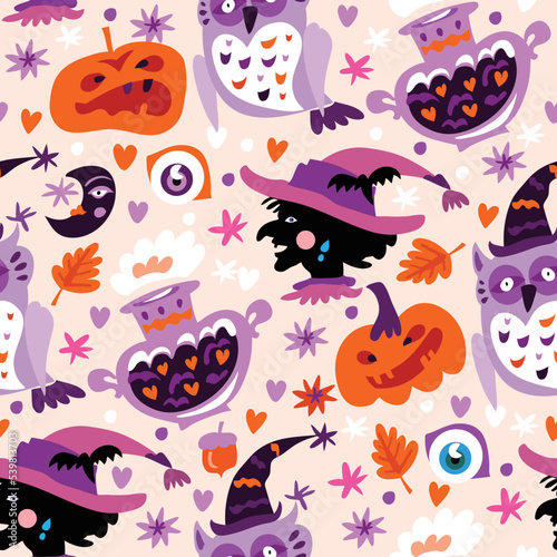 Happy Halloween seamless pattern   Pumpkin, bat, ghost, skull, star, owl, spider , hat. Vector cartoon illustration background
