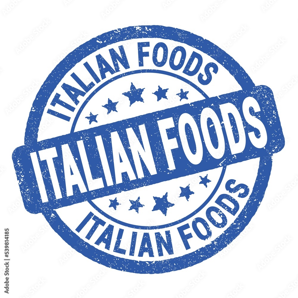 ITALIAN FOODS text written on blue round stamp sign.