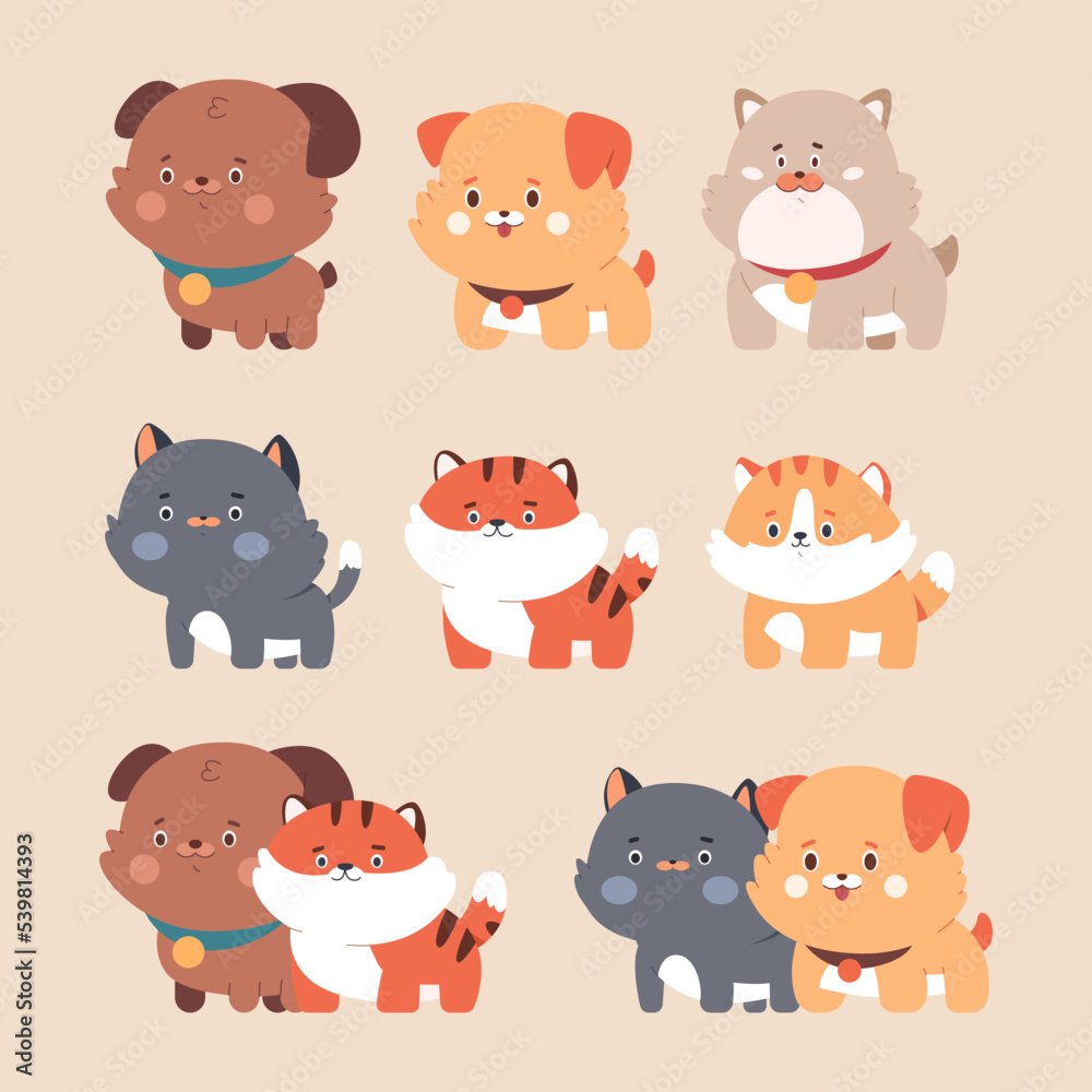 Cute puppies and kitties vector cartoon characters set isolated on background. Cute puppies and kitties vector cartoon characters set isolated on background.