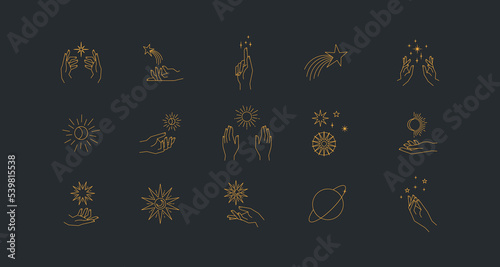 Aesthetic astral hands. Collection of cosmic and celestial elements with sun, moon and stars. Isolated editable linear vectors. © Matias