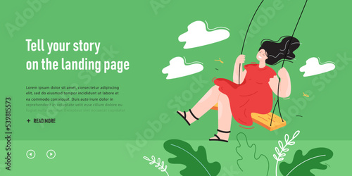 Happy girl swinging on swing flat vector illustration. Woman in good mood having fun, smiling and dreaming. Leisure activity, lifestyle concept