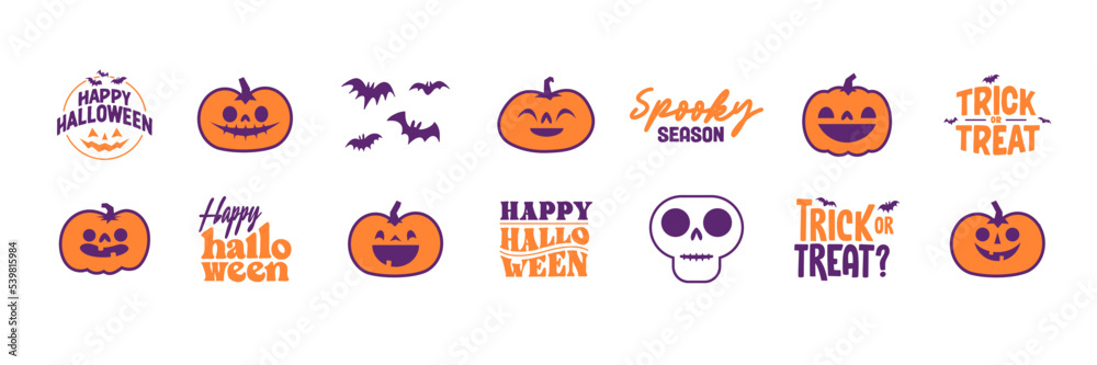 Obraz premium Set of Halloween icons. Vector illustration. Carved pumpkins, skulls and bats. Trick or treat spooky design.