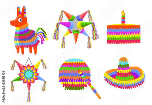 Cute pinatas of different shapes vector illustrations set. Mexican paper toys in shape of donkey, star, cake, sombrero for birthday party or carnival isolated on white background. Celebration concept