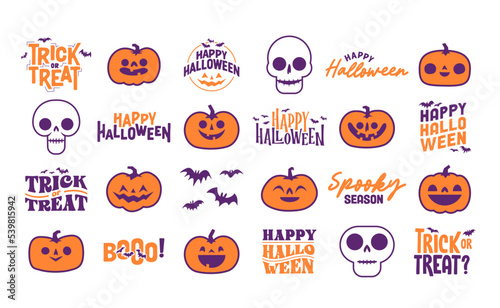 Set of Halloween icons. Vector illustration. Carved pumpkins  skulls and bats. Trick or treat spooky design.