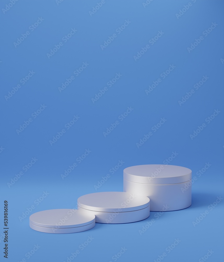 3d rendered 3 cylinder Podium on the floor geometric shapes Platforms for product presentation, mock up Abstract pastel blue background color. 3d rendered 3 cylinder Podium on the floor geometric shapes Platforms for product presentation, mock up Abstract pastel blue background color.