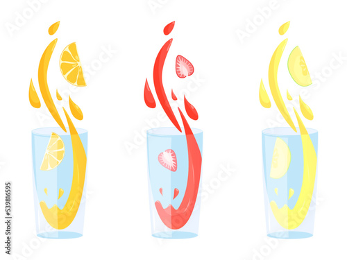 set of strawberry, orange, apple juice splash on a white background. Vector illustration, flat 