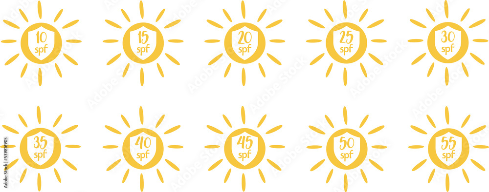 Set of simple flat SPF sun protection icons for sunscreen packaging. SPF 10, 15, 20, 25, 30, 35, 40, 45, 50, 55 UV protection for skin. Illustration