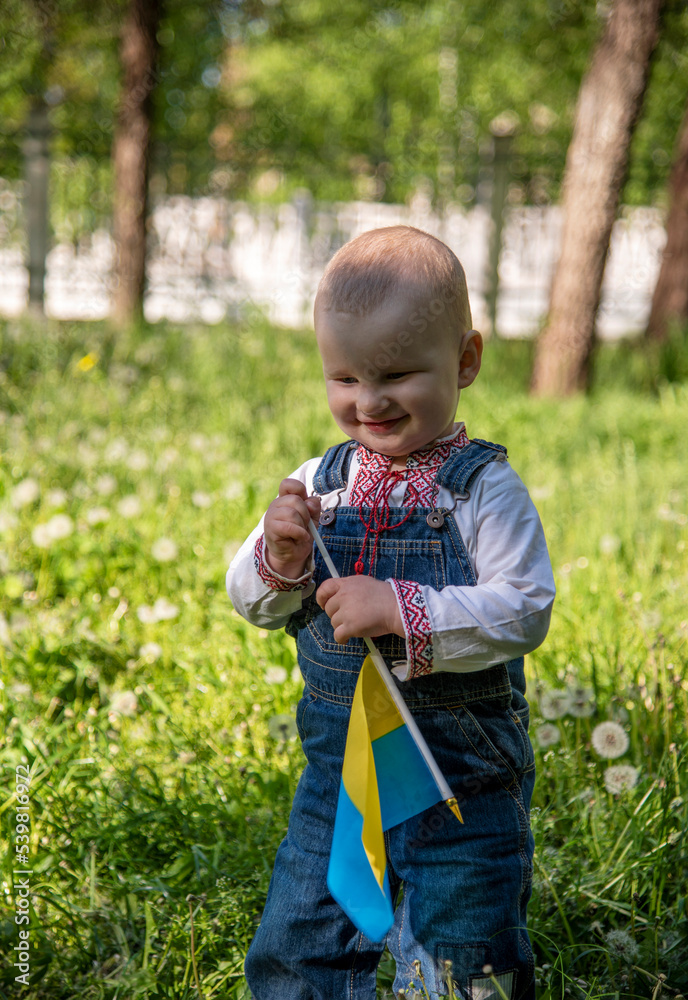 Baby boy in Ukrainian vyshyvanka in the park Baby boy in Ukrainian vyshyvanka in the park