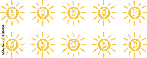 Set of simple flat SPF sun protection icons for sunscreen packaging. SPF 10, 15, 20, 25, 30, 35, 40, 45, 50, 55 UV protection for skin. Illustration © NK