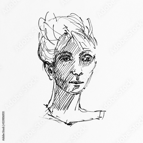 Portrait of beautiful woman. Drawing by hand with black ink on paper. Black and white artwork.