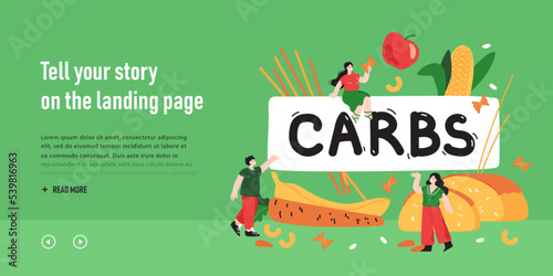 Tiny characters next to carbs sign and products. Fasting and low card diet, whole wheat bread, corn, apple, carrot, banana, pasta flat vector illustration. Food, nutrition concept for banner