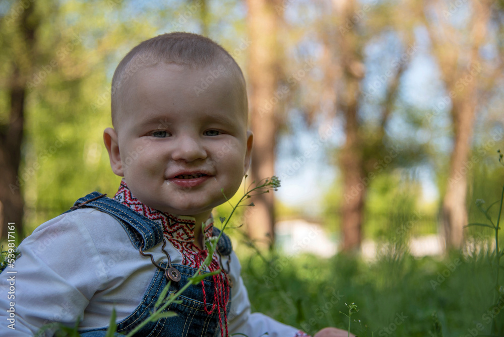 Baby boy in Ukrainian vyshyvanka in the park Baby boy in Ukrainian vyshyvanka in the park