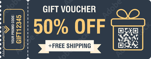 Discount coupon 50 percent off. Gift voucher with percentage marks, qr code and promo codes for website, internet ads, social media. Illustration