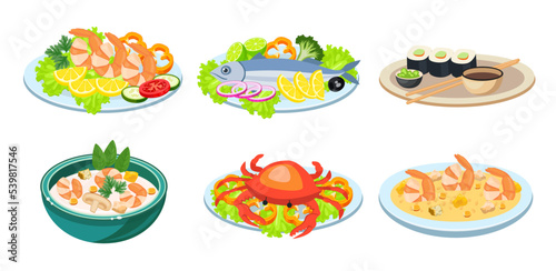 Plates with different seafood flat vector illustrations set. Collection of dishes from fish or shrimp, cooked crab, salmon and salad isolated on white background. Food or seafood, cuisine concept