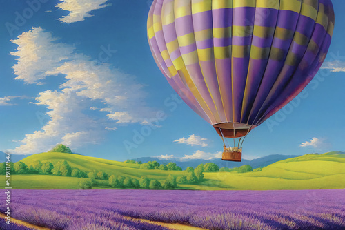  Lavender field, beautiful view, flying balloon, white-maned clouds, fantastic landscape