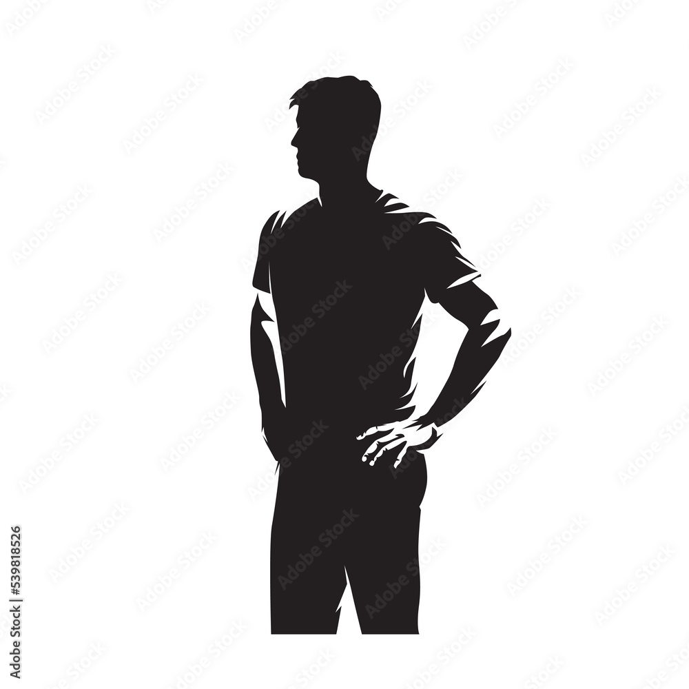 Man standing with hands on hips, abstract isolated vector silhouette, ink drawing, side view