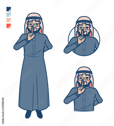 黒い衣装を着たアラビア人ミドル男性が指でシーとしているイラスト