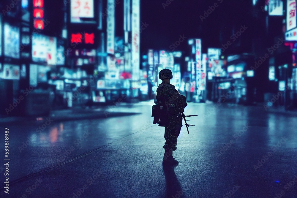 A Soldier standing in Tokyo with Neon lights.
