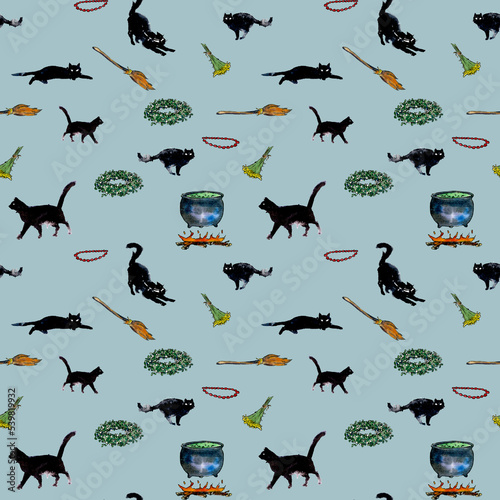 seamless pattern of black cats and witch attributes