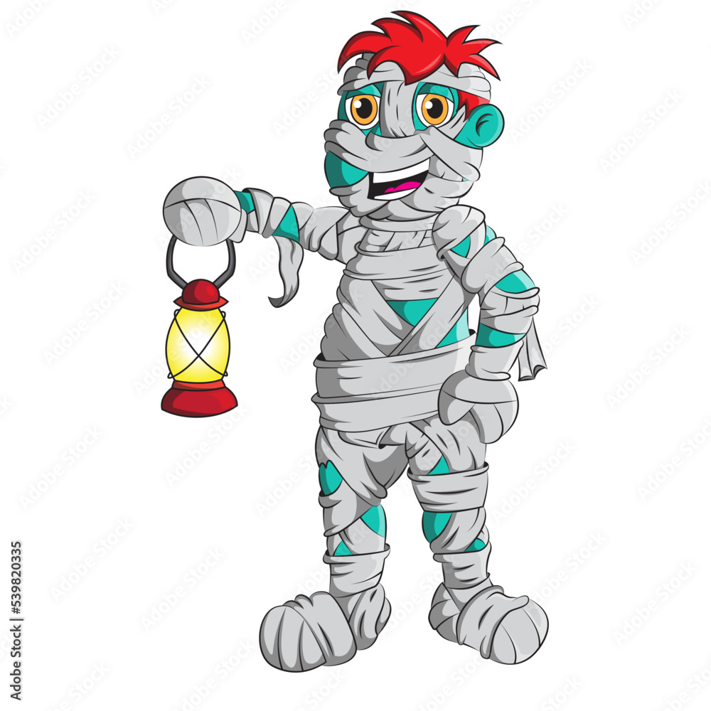 Happy Halloween! Full-size cartoon vector image of a Mummy Boy holding a lantern. Happy Halloween! Full-size cartoon vector image of a Mummy Boy holding a lantern.