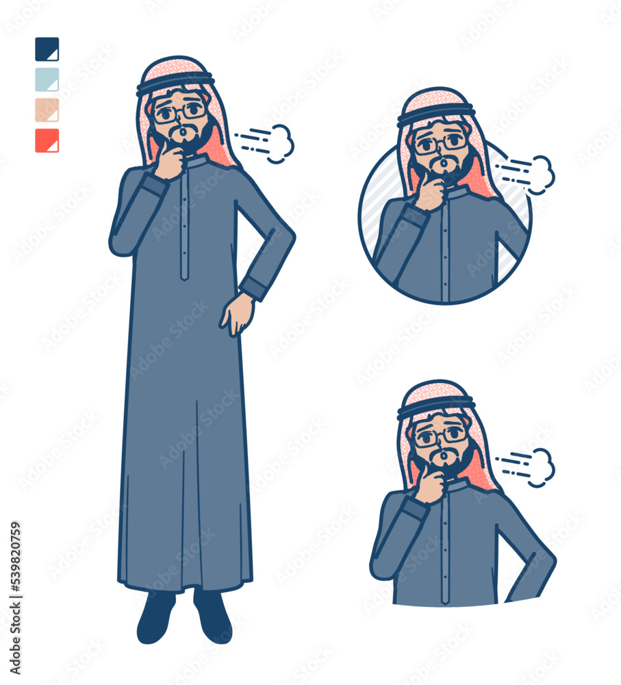 黒い衣装を着たアラビア人ミドル男性がため息をついているイラスト 黒い衣装を着たアラビア人ミドル男性がため息をついているイラスト