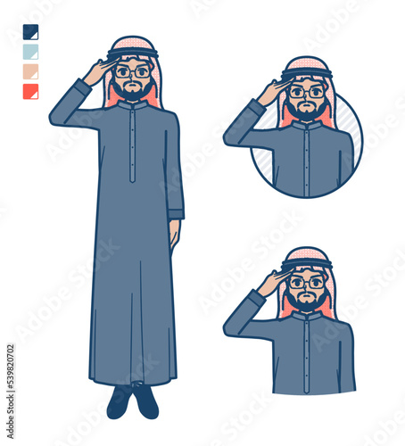 黒い衣装を着たアラビア人ミドル男性が敬礼しているイラスト
