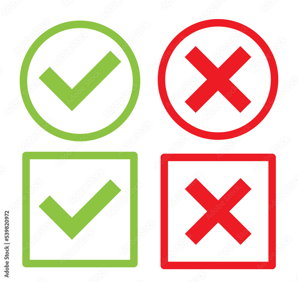 Green check mark and red cross. Green check mark and red cross.