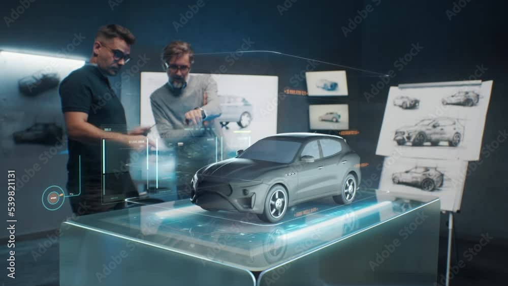Two development engineers test the body aerodynamics of a new eco-friendly electro car with sustainable standards using cutting edge technology. 3D simulation visual effects.