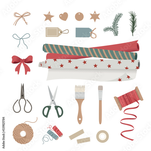 Gift wrapping set of elements. Wrapping paper, scissors and ribbons in flat style illustration. Christmas and New Year