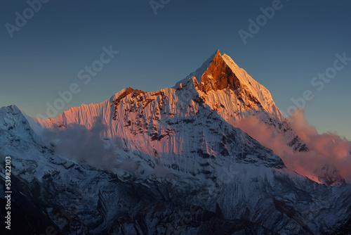 Covered by snow Mt. Machapuchare at sunset  view from Annapurna base camp.