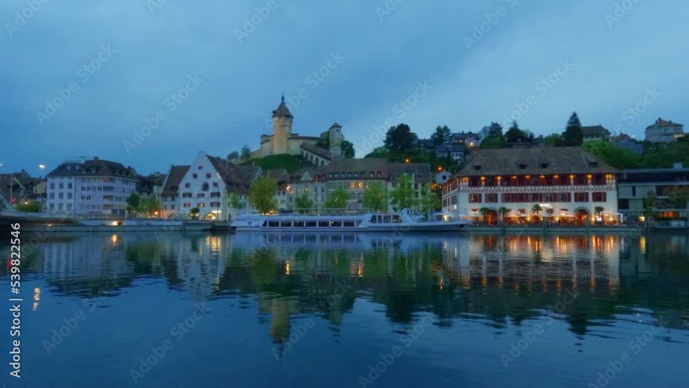 Timelapse of embankment in Schaffhausen during sunset with Munot Fortress Timelapse of embankment in Schaffhausen during sunset with Munot Fortress
