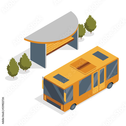 City transport isometric. Waiting station without people. Public urban transportation infographic illustration.Town traffic. Vector modern 3d concept. Bus stop isolated on white background