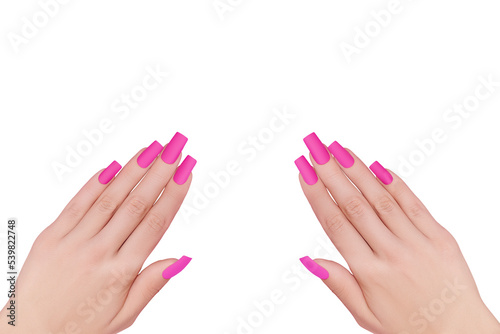 Female hand with pink nail design. Mate pink nail polish manicure. Two female model hands with perfect manicure on transparent background.