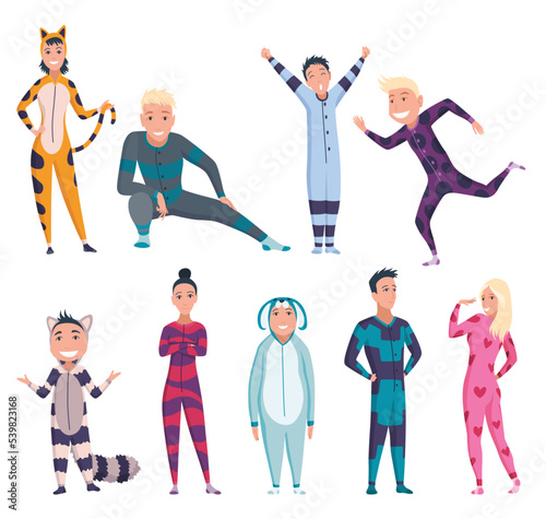 Animal characters pajama. Bundle of men and women dressed in onesies representing various animals. Peoples wearing jumpsuits or kigurumi. Pajama party, person in costumes