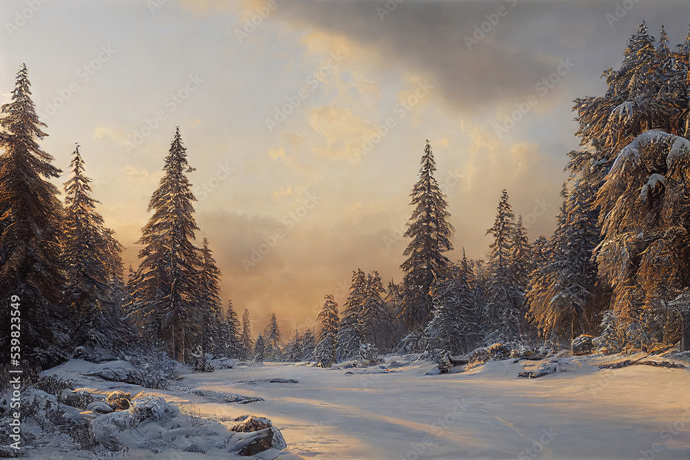 Winter landscape, trees, nature landscape, art illustration