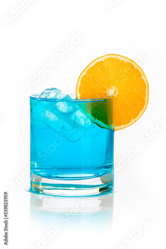 blue drink with ice cubes and orange slice on white background, isolated