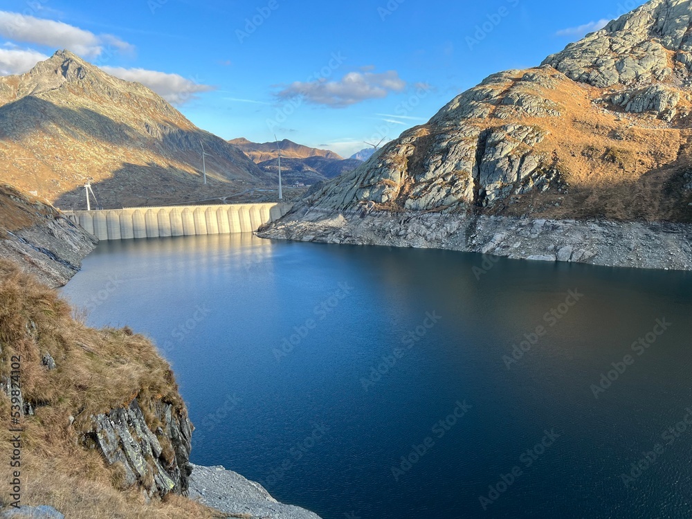 Artificial reservoir lake Lago di Lucendro or accumulation lake Lucendro in the Swiss alpine area of the St. Gotthard Pass (Gotthardpass), Airolo - Canton of Ticino (Tessin), Switzerland (Schweiz)
