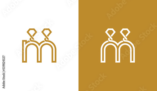 Initial Letter m Diamond Jewellery Logo Concept sign icon symbol Element Design Line Art Style. Jewelry Logotype. Vector illustration template