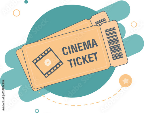 Cinema ticket, two realistic cinema tickets isolated on green background. Movie ticket in flat style. Illustration