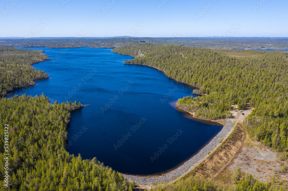 Top view of a large lake in the Arctic on the border of Russia and Norway