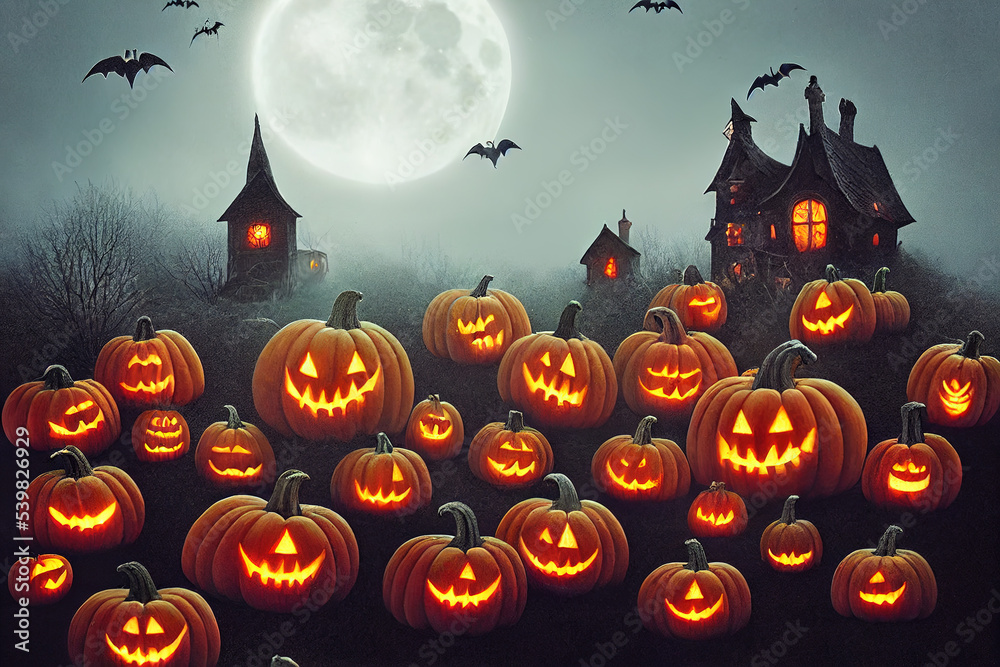 Halloween background with pumpkins and a haunted mansion, full moon, mist, and flying bats, spooky and creepy atmosphere