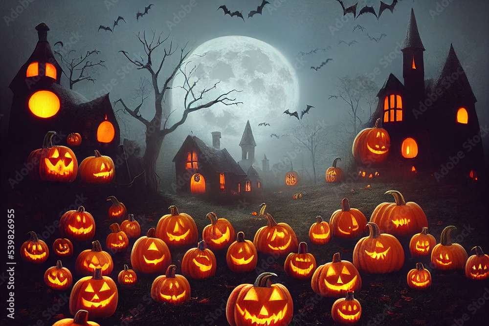 Halloween background with pumpkins and a haunted mansion, full moon, mist, and flying bats, spooky and creepy atmosphere