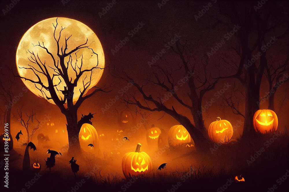 Halloween background with pumpkins and trees, a full moon, mist, spooky and creepy atmosphere