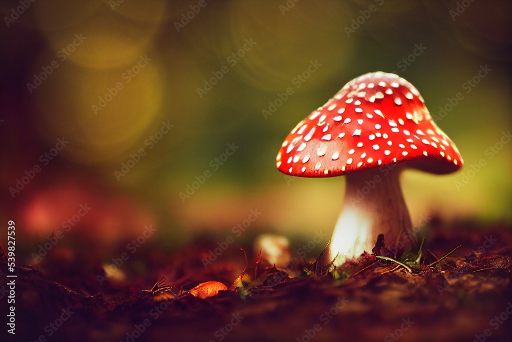 Fly Agaric toadstool fungus (Amanita Muscaria, a poisonous mushroom) in a forest. - obrazy, fototapety, plakaty 