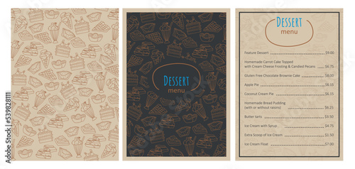 Vector printable design of dessert menu. Hand drawn outline cute illustrations of desserts.