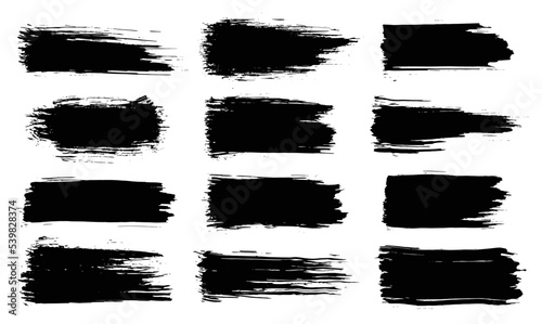 Paint brush. Black ink grunge brush strokes. Vector paintbrush set. Grunge design elements. Painted ink stripes. Creative isolated spots. Ink smudge abstract shape stains and smear set