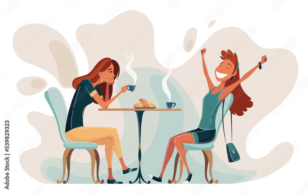 Two young females are sitting at table and talking in cafe. Meeting women in public place, having tea or coffee in restaurant, conversation. Spending time together at coffee break Two young females are sitting at table and talking in cafe. Meeting women in public place, having tea or coffee in restaurant, conversation. Spending time together at coffee break