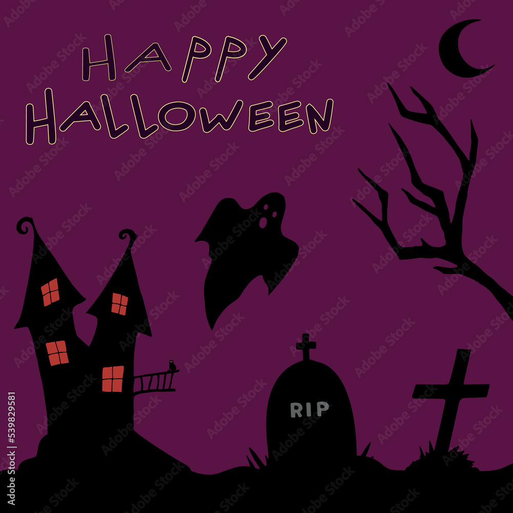 Witch house and cemetery Halloween night view. Hand drawn Halloween attributes. Black silhouettes on purple background. Happy Halloween